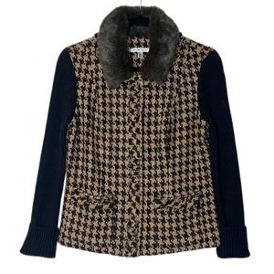 CAbi Houndstooth Blazer with Faux Fur Collar